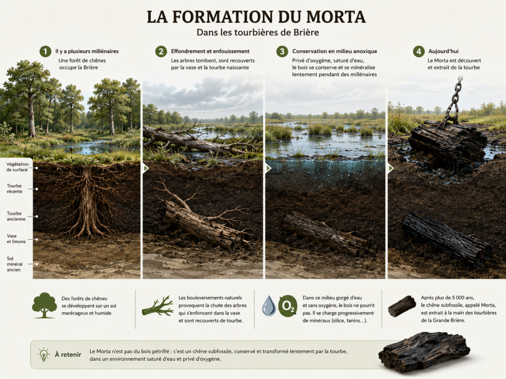 Schéma en coupe montrant la conservation d’un chêne enfoui dans la tourbe de Brière jusqu’à sa transformation en bois subfossile.
