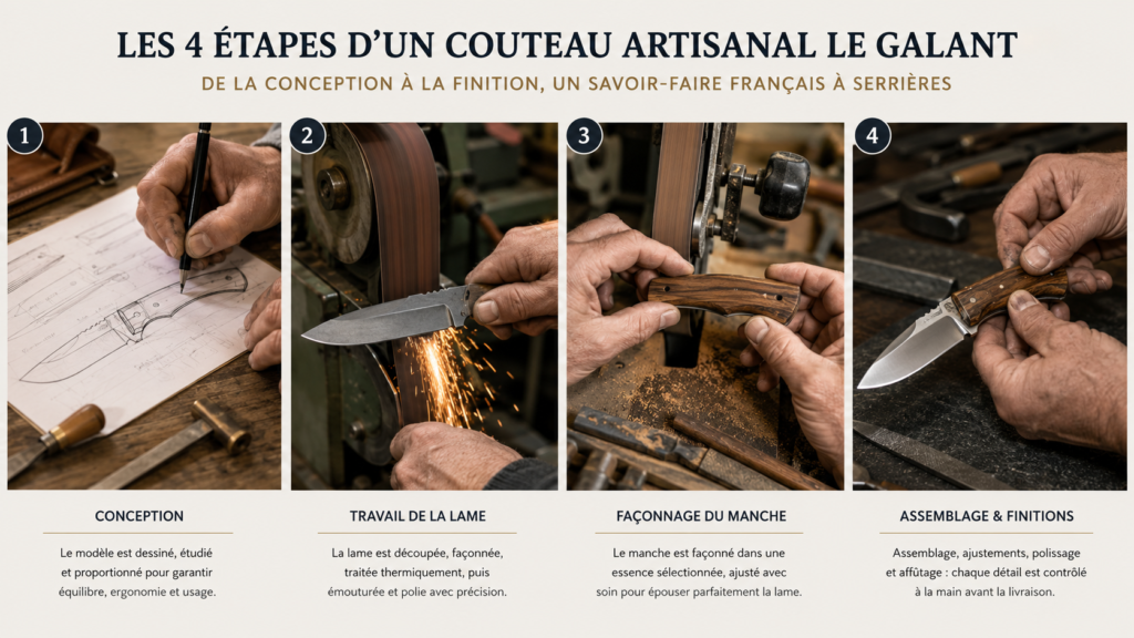 Quatre étapes de fabrication d’un couteau Le Galant : conception, travail de la lame, façonnage du manche et finitions.