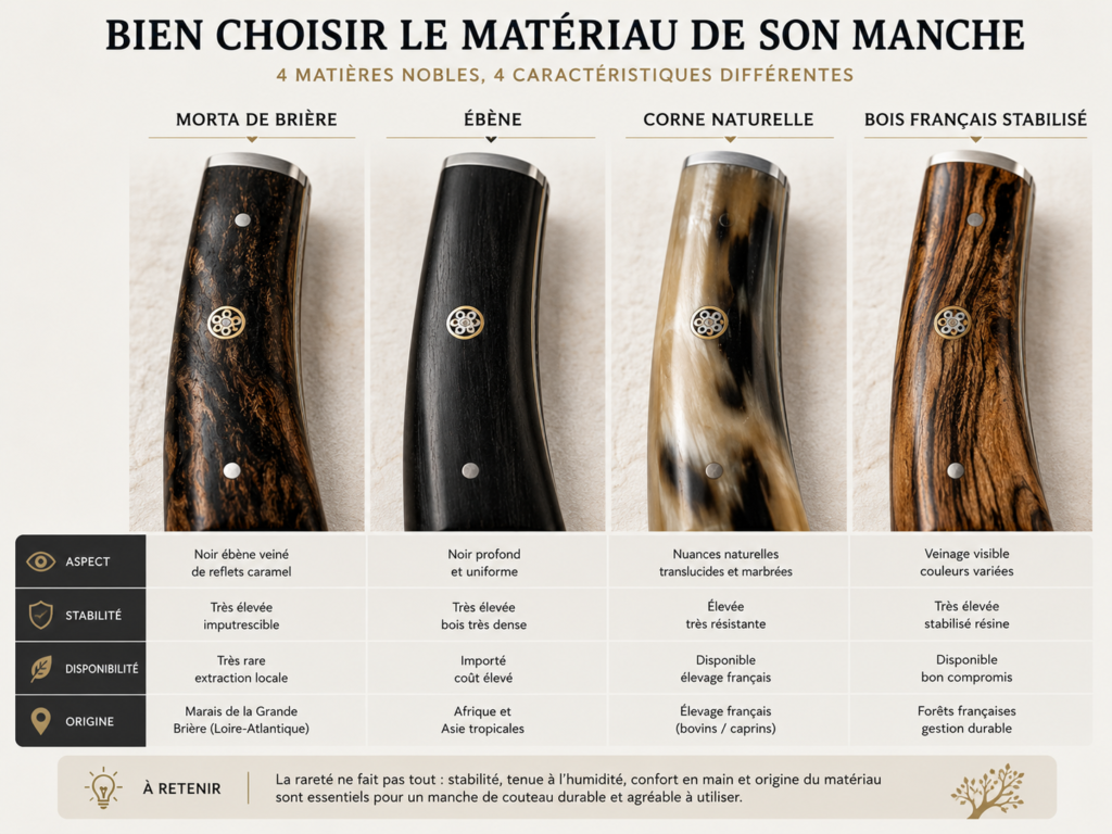 Comparaison visuelle du Morta, de l’ébène, de la corne et d’un bois français stabilisé pour un manche de couteau.