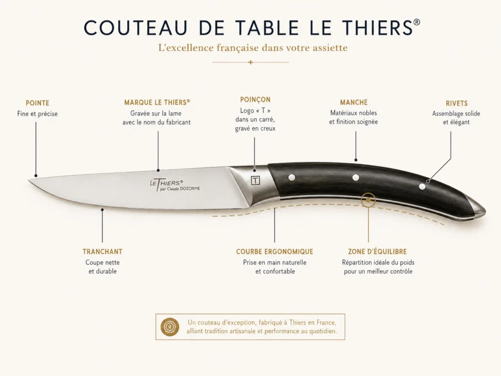 nfographie détaillée présentant l'anatomie d'un couteau de table Le Thiers de la marque Claude Dozorme. L'image indique les caractéristiques clés de l'outil : une pointe fine, un tranchant net, la marque gravée sur la lame, le poinçon logo T dans un carré, une courbe ergonomique, une zone d'équilibre parfaite, un manche en matériau noble et des rivets d'assemblage.