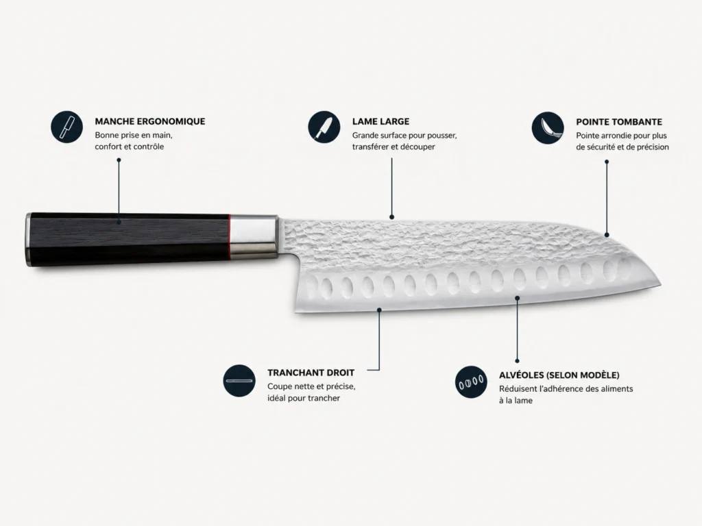 Une infographie détaillant l'anatomie d'un couteau de cuisine Santoku à la lame martelée. Le schéma met en lumière ses cinq points forts : un manche ergonomique pour une prise en main confortable, une lame large pratique pour transférer les aliments, une pointe tombante arrondie qui apporte sécurité et précision, un tranchant droit pour une coupe nette, et des alvéoles alignées qui empêchent les ingrédients de coller à l'acier.