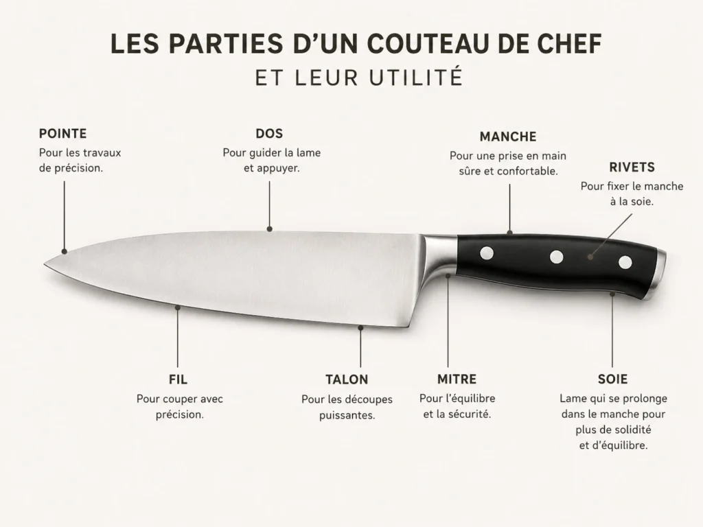Une infographie pédagogique intitulée "Les parties d'un couteau de chef et leur utilité". Le schéma détaille l'anatomie complète d'un couteau de chef traditionnel en acier avec un manche noir à trois rivets. Des lignes de repère expliquent le rôle de chaque élément : la pointe pour la précision, le dos pour guider et appuyer, le fil pour couper, le talon pour les découpes puissantes, la mitre pour l'équilibre, le manche pour le confort, les rivets pour la fixation, et enfin la soie qui se prolonge à l'intérieur pour maximiser la solidité de l'outil.