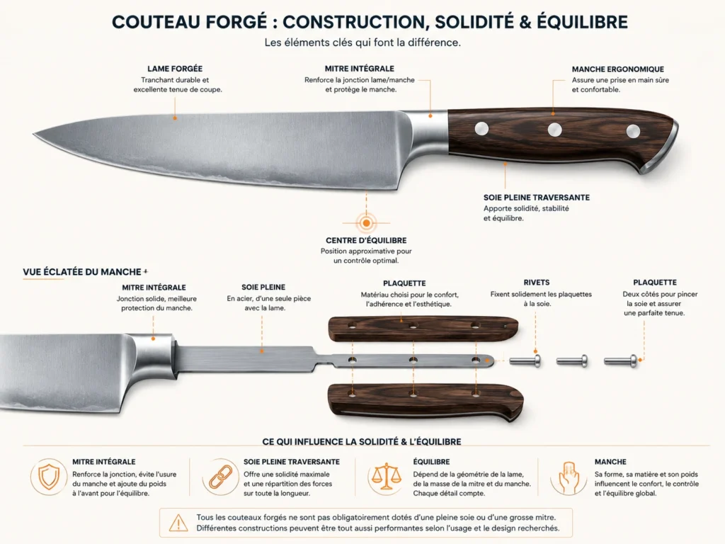 Infographie technique intitulée "Couteau forgé : construction, solidité & équilibre". Le schéma du haut présente un couteau entier avec sa lame forgée, sa mitre intégrale, son manche ergonomique et sa soie pleine traversante avec son centre d'équilibre. Le schéma du milieu montre une vue éclatée du manche détaillant la soie pleine en acier, les plaquettes en bois et les trois rivets de fixation. Le bas de l'image explique les facteurs influençant la solidité et l'équilibre.