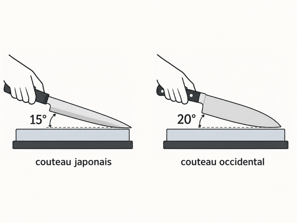 Les angles à respecter pour aiguiser un couteau japonais et occidental
