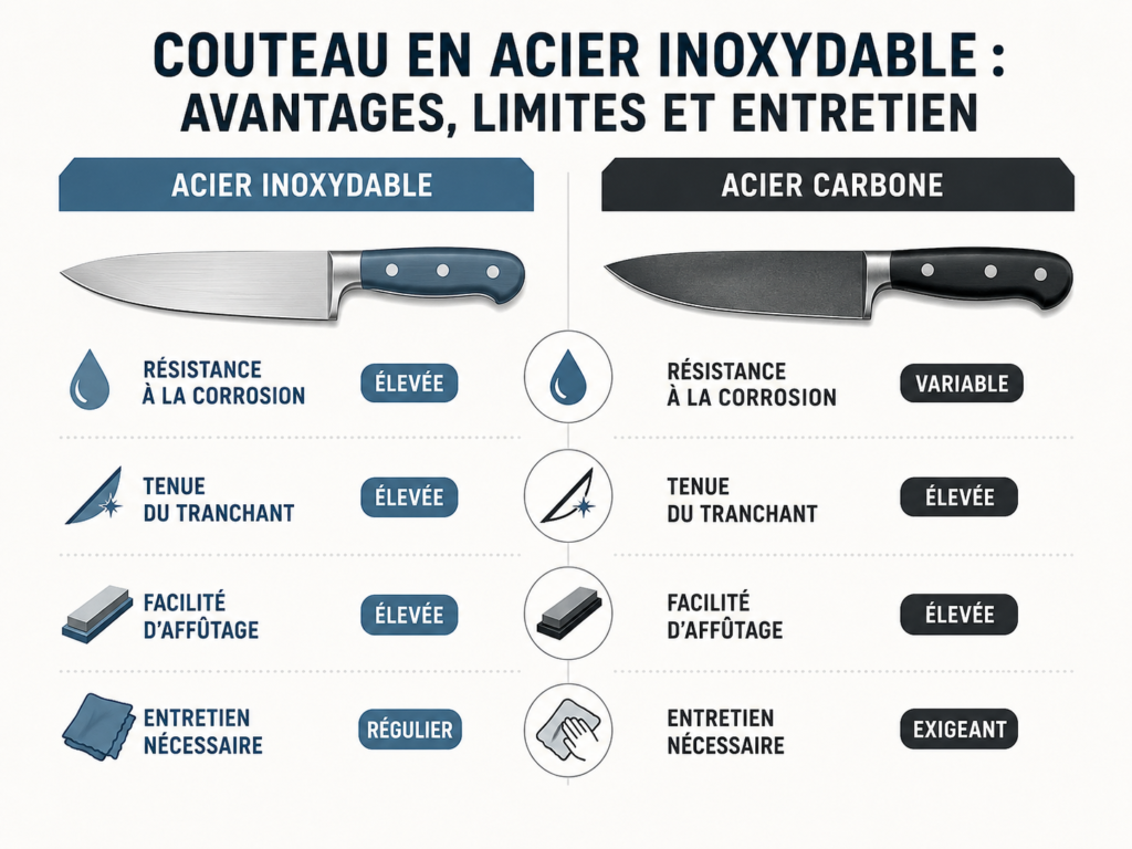 Infographie comparative intitulée "Couteau en acier inoxydable : avantages, limites et entretien". Le tableau compare un couteau en acier inoxydable (manche bleu) et un couteau en acier carbone (manche noir) sur quatre points : la résistance à la corrosion (élevée pour l'inox, variable pour le carbone), la tenue du tranchant (élevée pour les deux), la facilité d'affûtage (élevée pour les deux) et l'entretien nécessaire (régulier pour l'inox, exigeant pour le carbone).