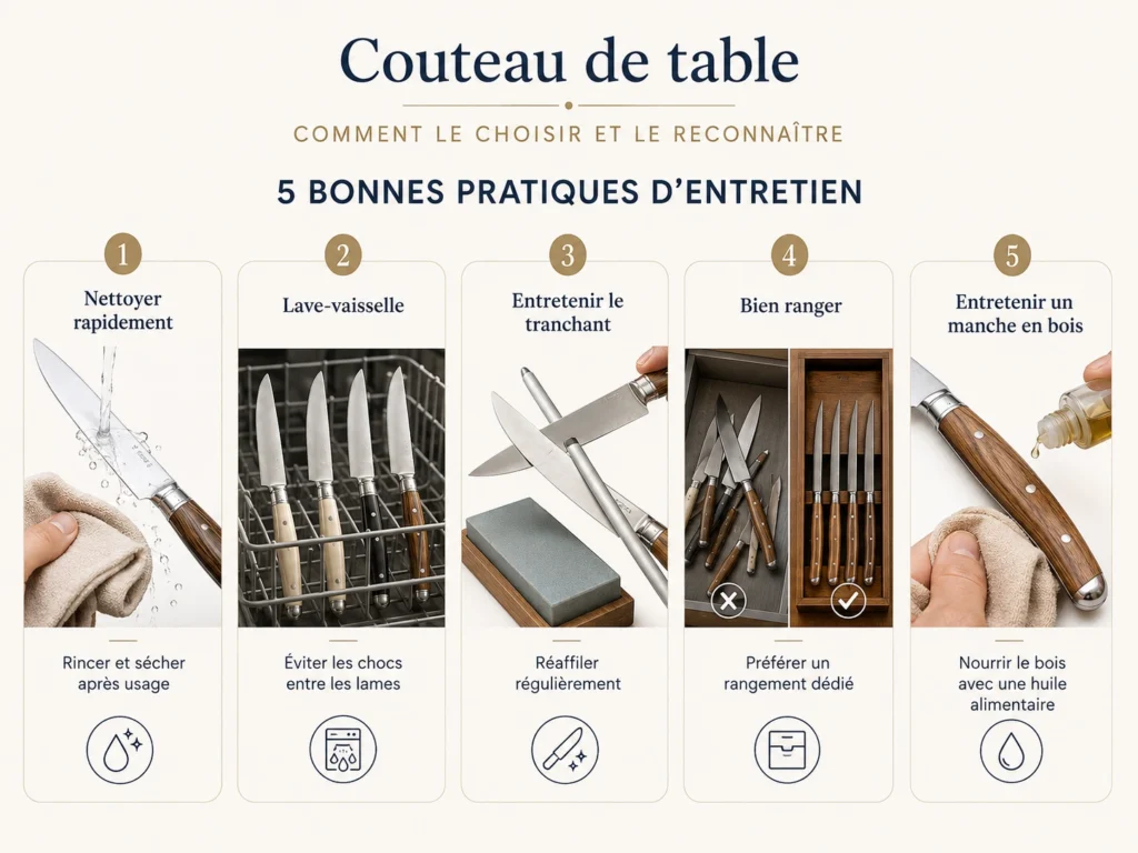 Un guide visuel qui détaille 5 bonnes pratiques pour prendre soin de ses couteaux de table. L'infographie illustre chaque étape avec soin : le rinçage et le séchage immédiat après usage, la précaution d'éviter les chocs entre les lames dans le lave-vaisselle, le réaffilage régulier à la pierre ou au fusil, l'importance d'un rangement dédié et compartimenté plutôt que de les jeter en vrac, et enfin le geste pour nourrir un manche en bois avec quelques gouttes d'huile alimentaire.