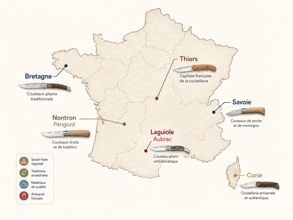 Carte de France indiquant les principaux couteaux régionaux