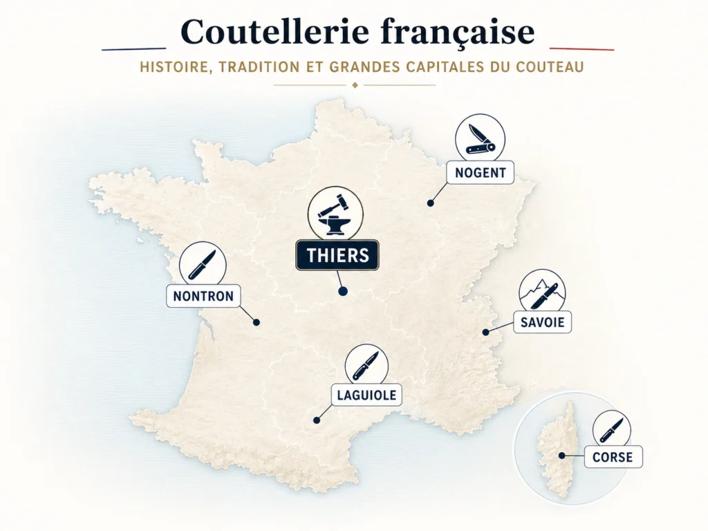 Carte de France montrant les grandes capitales de la coutellerie française comme Thiers, Laguiole, Nontron et Nogent.
