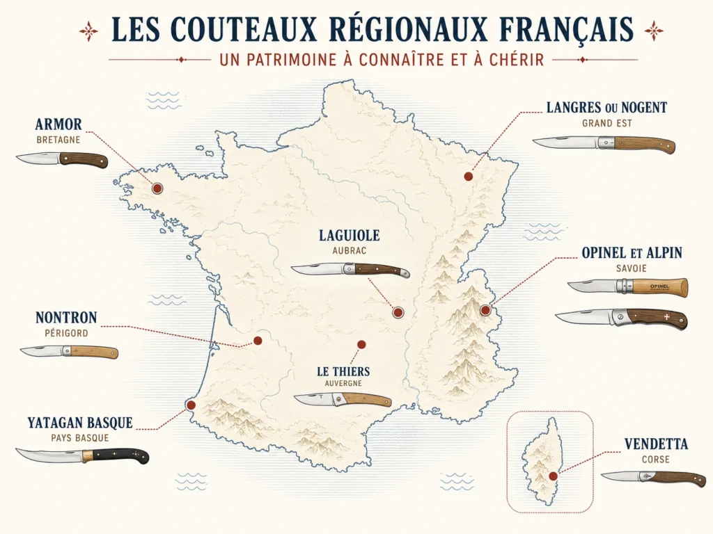 Carte illustrée de la France répertoriant les couteaux traditionnels des régions comme le Laguiole, l'Opinel, le Nontron, le Thiers et le couteau Armor.