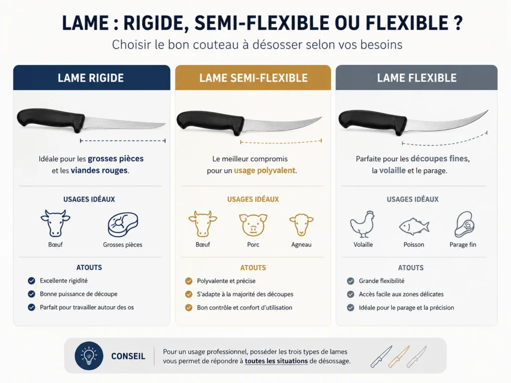Une infographie comparative présentant trois types de lames pour un couteau à désosser avec la version rigide pour le bœuf, le modèle semi-flexible pour un usage polyvalent et la variante flexible pour la volaille ou le poisson