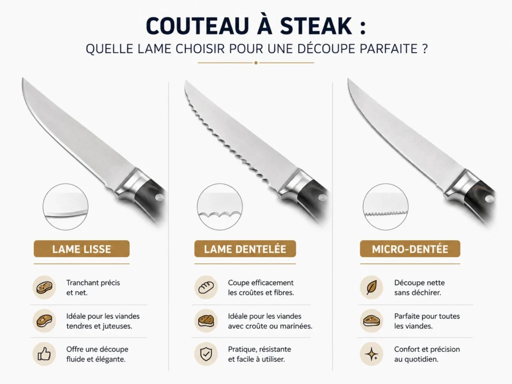 Une infographie comparative montrant à gauche une coupe nette sur un steak avec des fibres intactes et des jus conservés grâce à une lame adaptée et à droite une viande déchirée avec des fibres arrachées et des jus perdus à cause d'une lame moins adaptée.