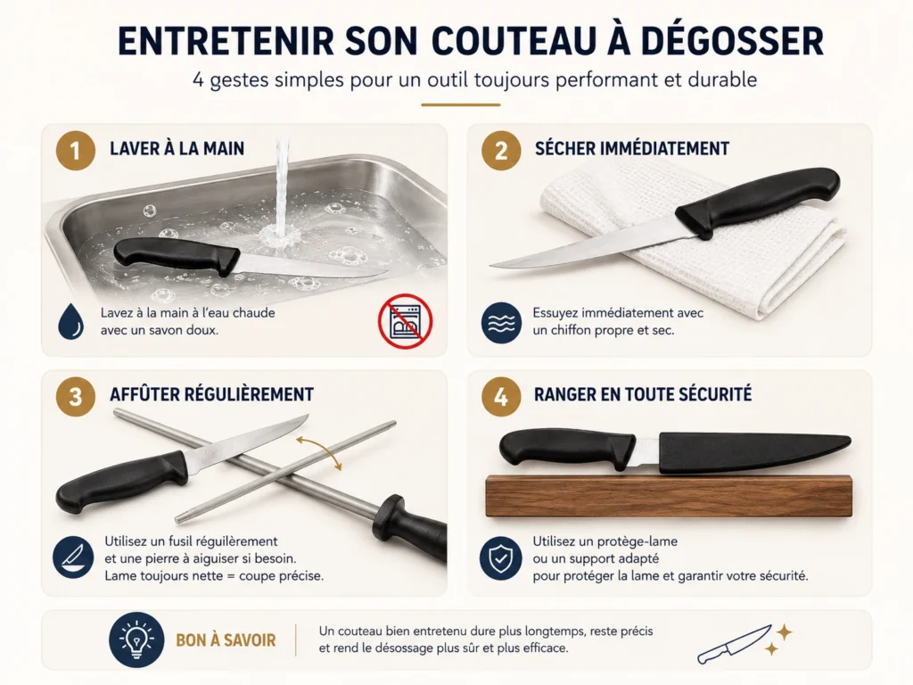 Une infographie didactique détaillant les quatre étapes indispensables pour entretenir un couteau à désosser avec le lavage manuel à l'eau chaude le séchage immédiat au chiffon l'affûtage régulier au fusil et le rangement sécurisé dans un protège-lame