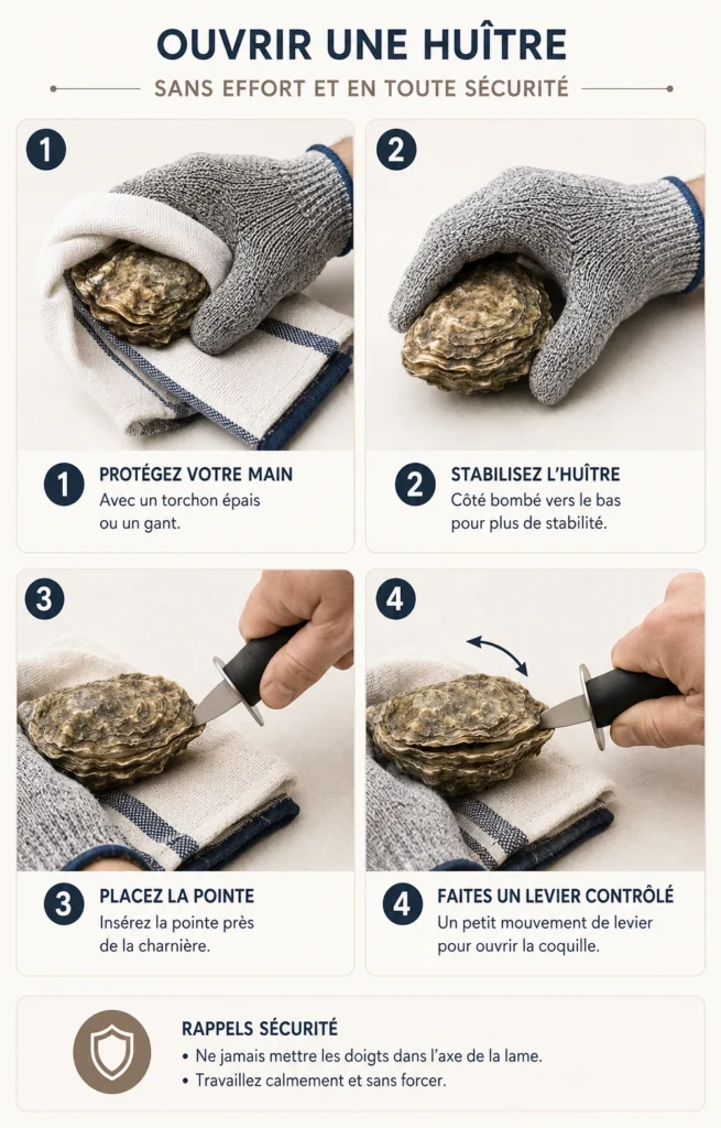 Guide visuel en 4 étapes pour ouvrir une huître en toute sécurité avec un couteau à huître. Étape 1 : protéger la main avec un torchon ou un gant. Étape 2 : stabiliser l’huître côté bombé vers le bas. Étape 3 : placer la pointe près de la charnière. Étape 4 : faire un mouvement de levier contrôlé pour ouvrir la coquille. Des rappels de sécurité sont présents au bas de l'image.