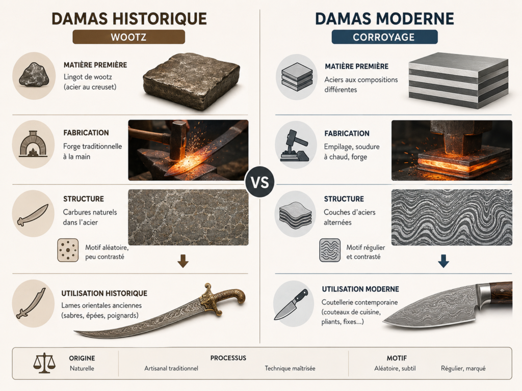 Une infographie comparative opposant à gauche le Damas historique issu de lingots de wootz avec ses motifs de carbures naturels peu contrastés et à droite le Damas moderne obtenu par corroyage avec des couches d'aciers alternées formant un motif régulier.