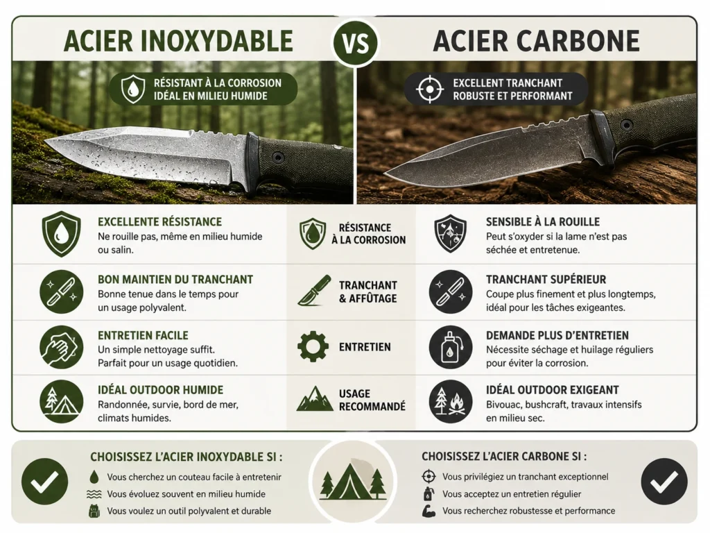 Une infographie comparative complète présentant les différences entre une lame en acier inoxydable résistante à la corrosion en milieu humide et une lame en acier carbone offrant un tranchant supérieur mais sensible à la rouille