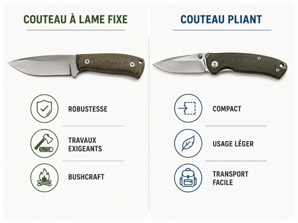 Une infographie comparative présentant à gauche un couteau à lame fixe associé aux notions de robustesse de travaux exigeants et de bushcraft et à droite un couteau pliant caractérisé par sa compacité son usage léger et son transport facile