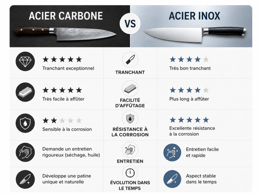 Infographie comparant un couteau en acier carbone et un couteau en acier inox selon le tranchant, l’entretien et la résistance à la corrosion.