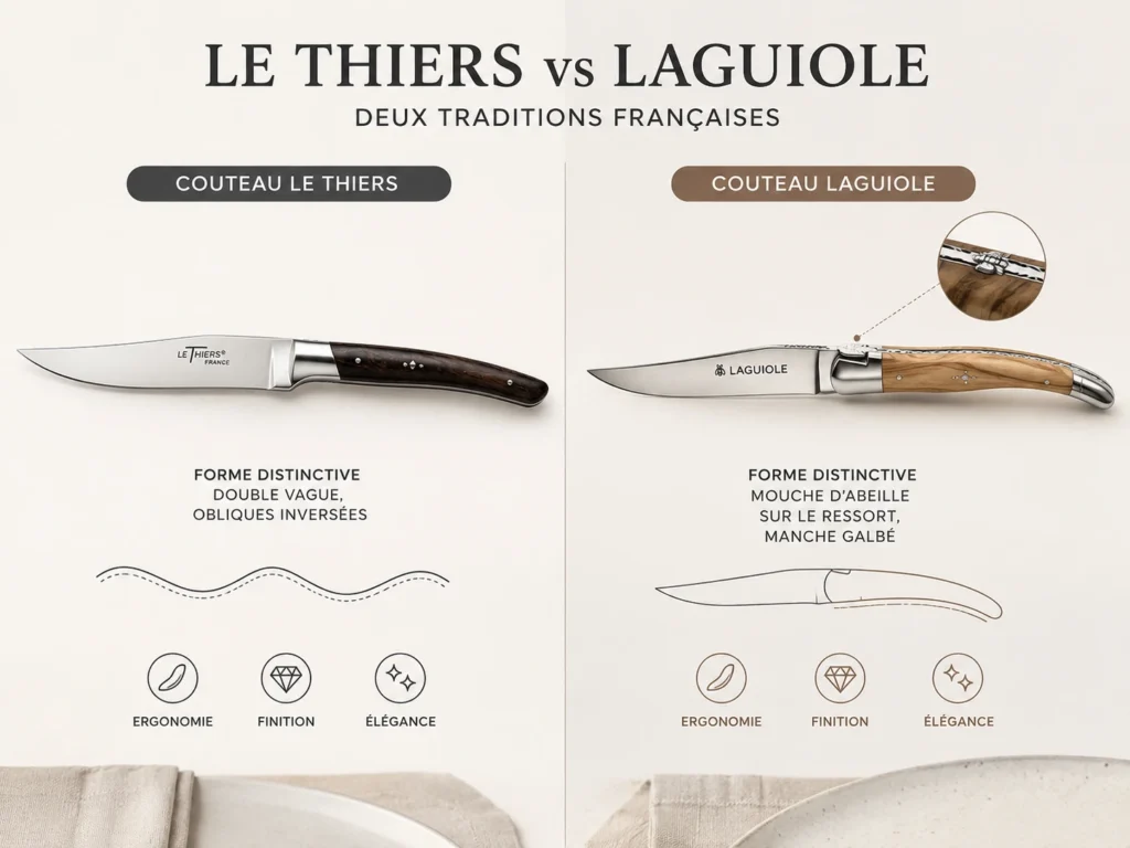 Infographie comparative intitulée "Le Thiers vs Laguiole : Deux traditions françaises". À gauche, le couteau Le Thiers avec sa forme distinctive en double vague et obliques inversées. À droite, le couteau Laguiole avec sa mouche d'abeille sur le ressort et son manche galbé. Les deux modèles partagent les critères d'ergonomie, de finition et d'élégance.