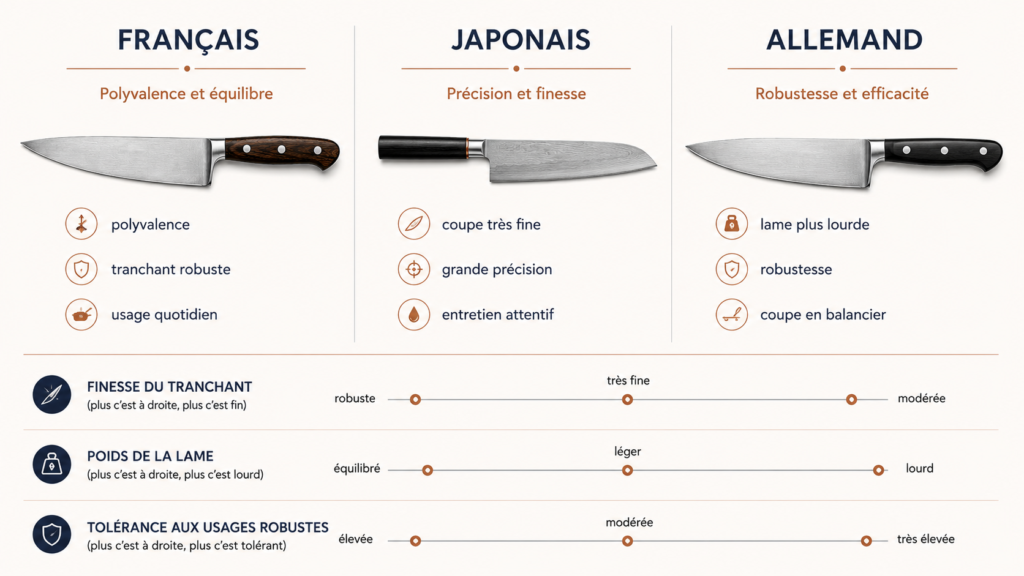 Tableau comparatif des trois grands styles de couteaux de chef illustrant le couteau français équilibré le couteau japonais très fin et le couteau allemand lourd et robuste.