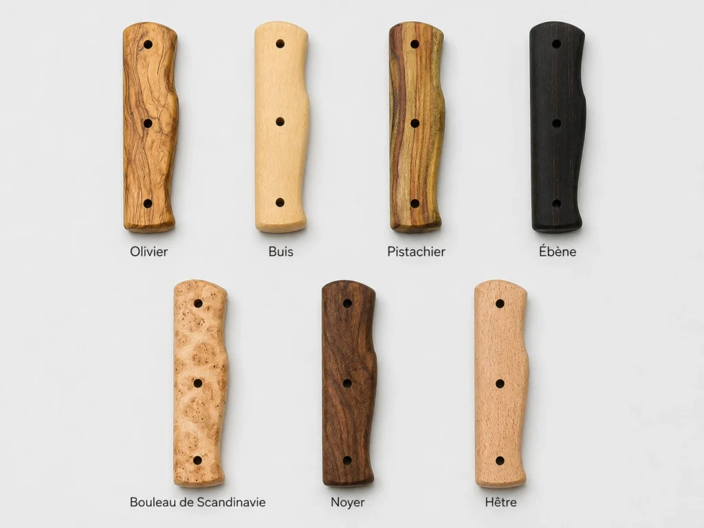 Échantillons de sept essences de bois utilisées pour la fabrication d'un manche en bois de couteau, présentés sur fond blanc avec leurs noms : en haut, l'Olivier, le Buis, le Pistachier et l'Ébène ; en bas, le Bouleau de Scandinavie, le Noyer et le Hêtre. Chaque plaquette comporte trois trous pour les rivets de fixation.