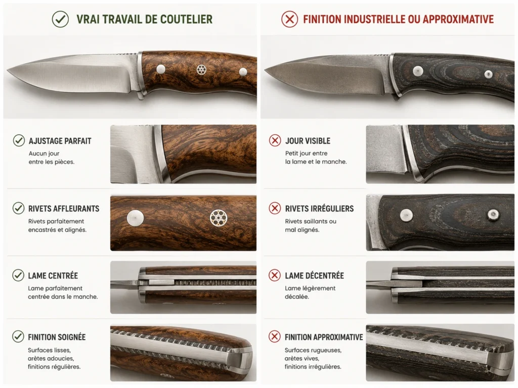 Une infographie comparative opposant le vrai travail de coutelier à gauche et une finition industrielle ou approximative à droite à travers quatre critères visuels qui sont l'ajustage des pièces, la régularité des rivets, le centrage de la lame et le traitement soigné des arêtes du manche.