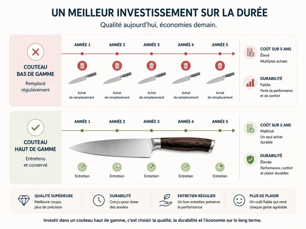 Une infographie comparative sur cinq ans démontrant qu'un couteau bas de gamme doit être remplacé chaque année tandis qu'un couteau de cuisine haut de gamme entretenu régulièrement reste performant et génère des économies sur la durée