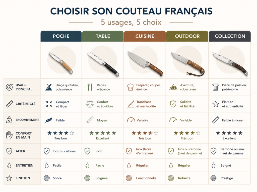 Tableau comparatif pour choisir son couteau français selon 5 usages : poche, table, cuisine, outdoor et collection, détaillant les critères clés, l'acier et l'entretien.