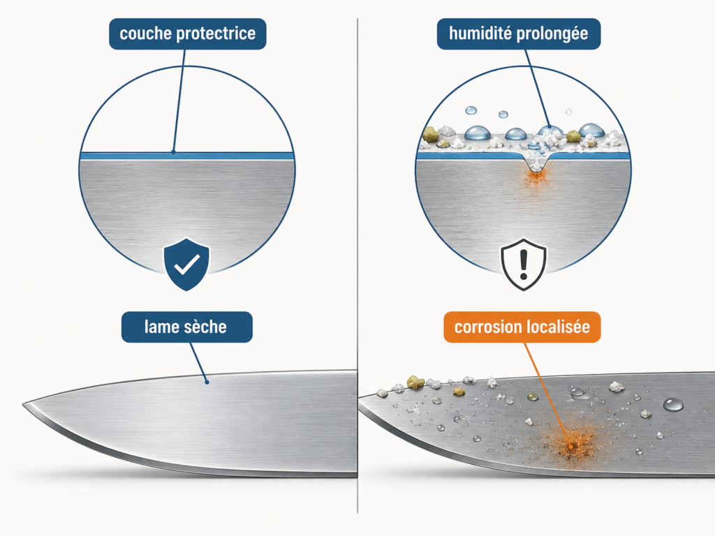 Schéma explicatif en deux parties montrant les effets de l'humidité sur l'acier. À gauche, une loupe montre une "lame sèche" protégée par une fine bande bleue appelée couche protectrice (icône bouclier avec coche). À droite, une loupe montre une humidité prolongée qui brise cette barrière, entraînant une "corrosion localisée" avec formation de rouille sur la surface métallique (icône bouclier avec point d'exclamation).