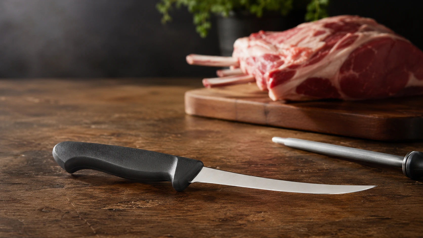 Un couteau à désosser avec un manche noir ergonomique et une lame fine incurvée posé sur une table en bois rustique devant un morceau de viande brute et un fusil d'aiguisage