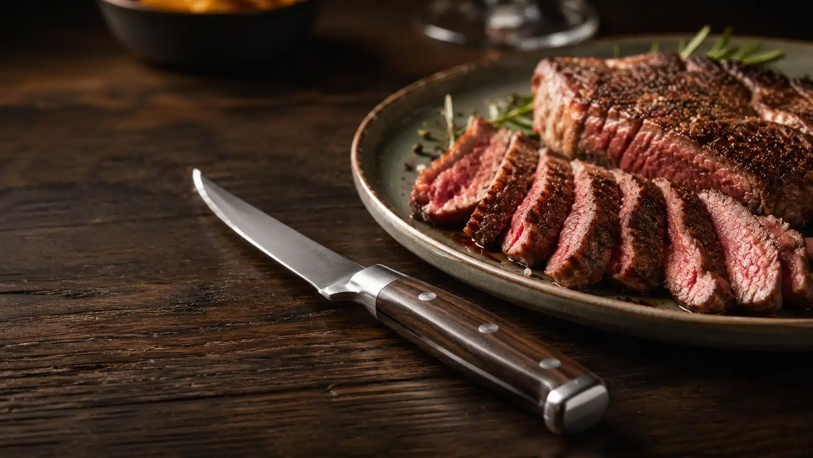 Un couteau à steak élégant doté d'un manche en bois sombre et de rivets en inox posé sur une table en bois brut à côté d'une assiette contenant une viande rouge juteuse cuite et découpée en tranches.