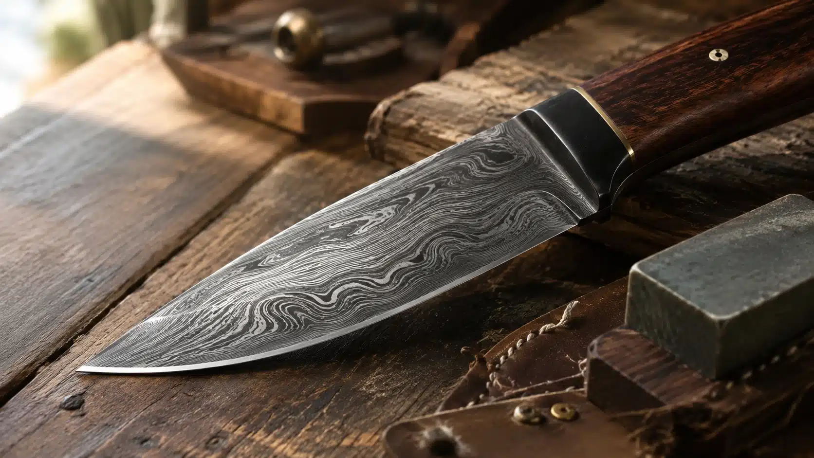 Un couteau d'artisan doté d'une lame fixe en acier damas aux motifs ondulés complexes posé sur un établi en bois sombre à côté d'une pierre à aiguiser et d'un étui en cuir patiné.