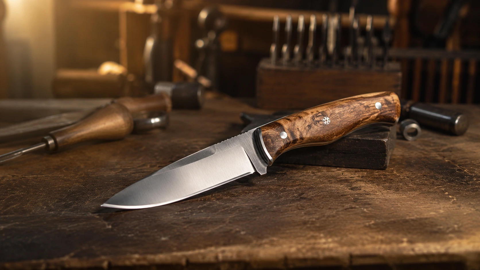 Couteau artisanal posé sur un établi de coutelier avec des outils de fabrication en arrière-plan.