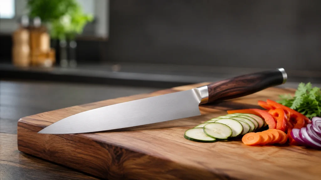 Un couteau de cuisine haut de gamme doté d'un manche en bois noble posé sur une planche à découper à côté de rondelles de légumes frais