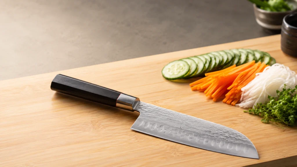 Un superbe couteau de cuisine japonais de style Santoku posé de biais sur une grande planche à découper en bois clair. La lame en acier présente une finition martelée sur le dessus et une série d'alvéoles le long du tranchant. Le manche octogonal est en bois sombre mat. À côté, des légumes fraîchement préparés sont soigneusement alignés comme des rondelles de concombre, des bâtonnets de carotte en julienne, du radis blanc râpé et une touche de verdure fine.
