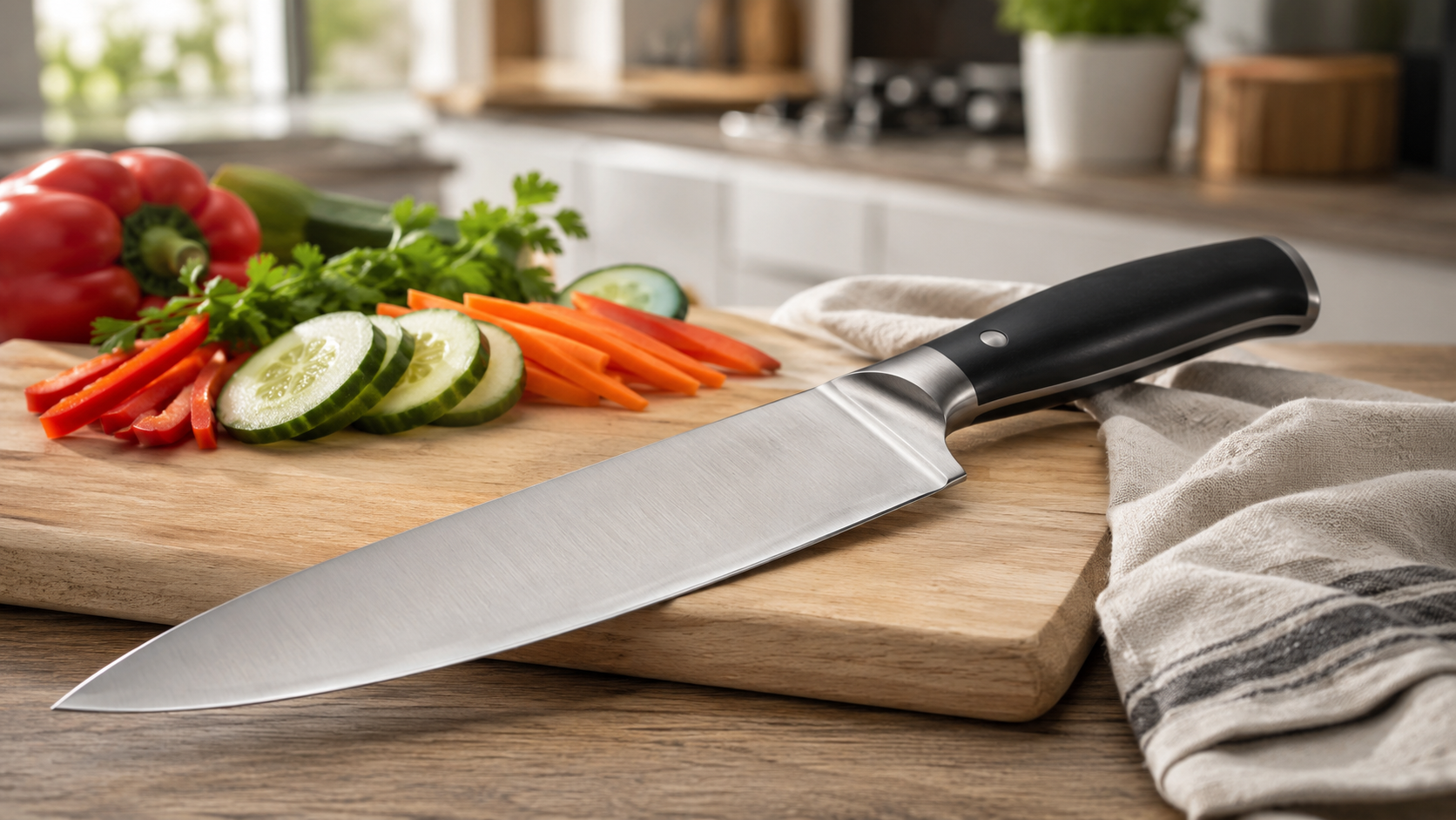 Un grand couteau de chef en acier inoxydable avec un manche noir, posé au premier plan sur une planche à découper en bois à côté de légumes frais tranchés (concombres, poivrons rouges, carottes).