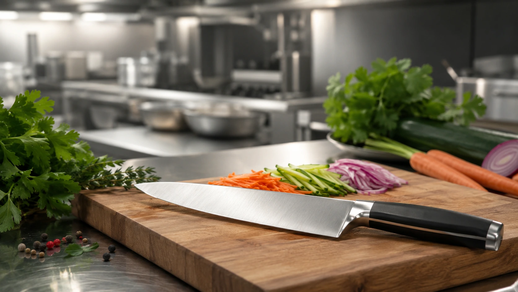 Un couteau de chef professionnel posé au premier plan sur une grande planche à découper en bois massif. Sa longue lame lisse en acier satiné est disposée à côté de légumes soigneusement émincés : carottes, concombres et oignons rouges. En arrière-plan, l'ambiance lumineuse et floutée d'une cuisine de restaurant met en valeur ce couteau de chef au manche noir ergonomique, entouré de bouquets de persil frais, de courgettes et de carottes entières.