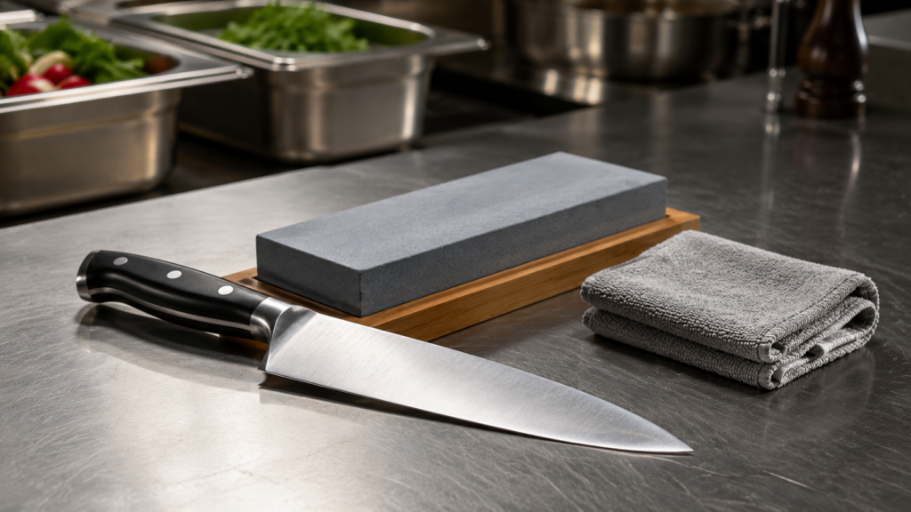 Une photo nette et lumineuse d'un couteau de chef professionnel à lame en acier satiné posé au premier plan sur un plan de travail en inox brossé. Derrière lui se trouve une grande pierre à affuter rectangulaire de couleur gris, installée sur un socle en bois clair. À droite de la pierre, un chiffon en microfibre gris est soigneusement plié. En arrière-plan, l'atmosphère d'une cuisine professionnelle se devine avec des bacs en inox contenant des légumes.