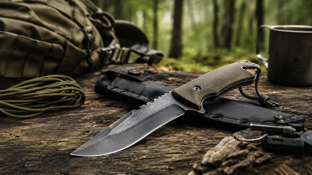 Un couteau de survie robuste doté d'une lame fixe sombre et d'un manche texturé beige posé sur une souche en bois en forêt à côté de son étui rigide d'une cordelette d'un sac à dos de randonnée et d'une tasse en métal.