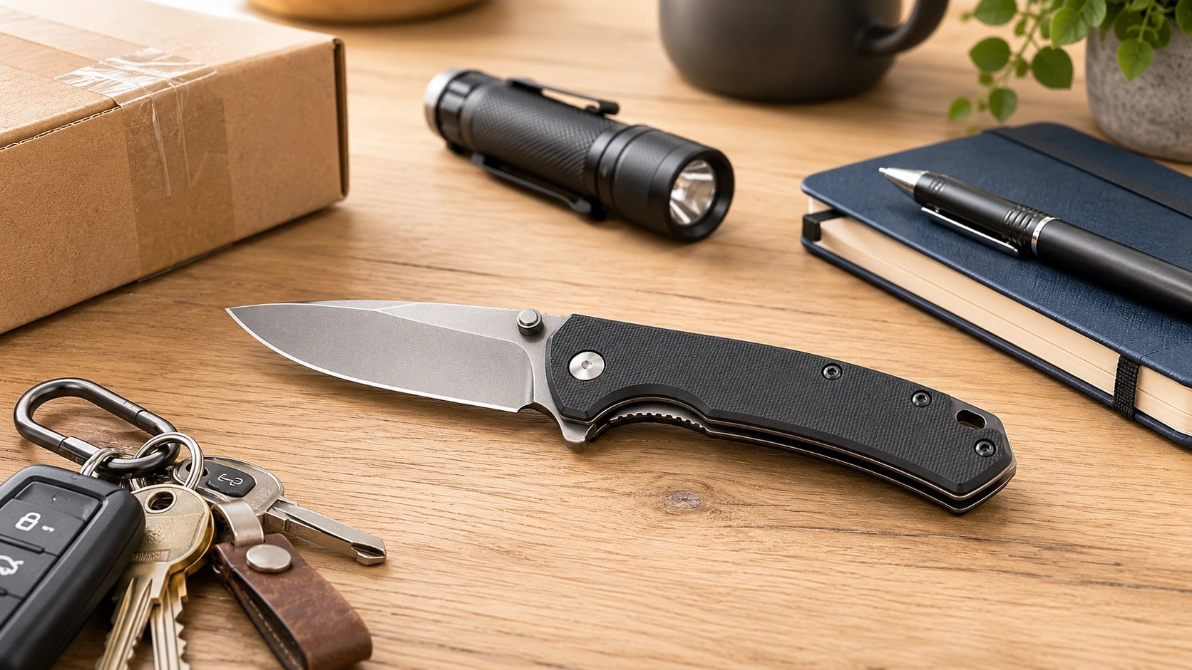 Un couteau EDC pliant ouvert doté d'un manche noir texturé et d'une lame mate posé sur un bureau en bois clair au milieu d'objets du quotidien incluant un trousseau de clés une lampe torche un carnet et un stylo