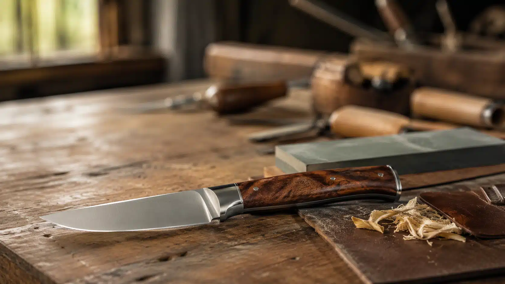 Couteau français artisanal posé sur un établi de coutelier avec outils et pierre à aiguiser.