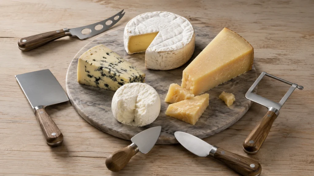 Un plateau de présentation en marbre entouré de différents modèles de couteau à fromage aux manches en bois pour couper les pâtes dures les pâtes molles et le fromage bleu