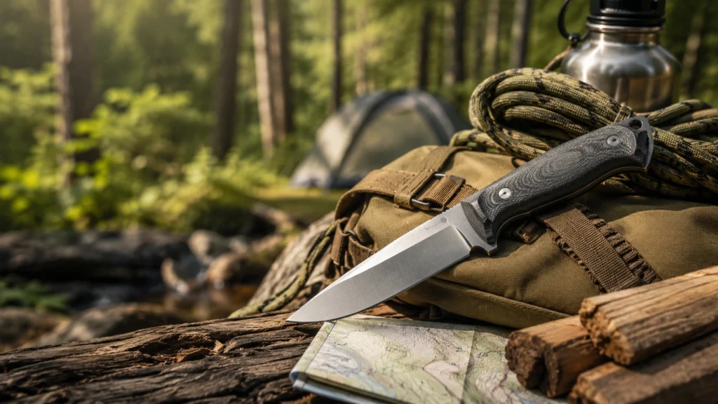 Un couteau à lame fixe robuste avec un manche sombre texturé posé sur un sac à dos en toile de randonnée juste au-dessus d'une carte d'orientation de bûches de bois d'une corde de bushcraft et d'une gourde en inox en pleine forêt