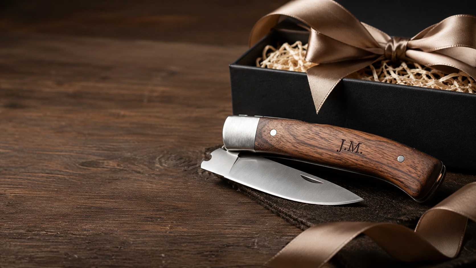 Un couteau pliant avec un manche en bois gravé des initiales J.M. posé sur une table en bois sombre à côté d'un coffret cadeau noir orné d'un ruban en satin doré