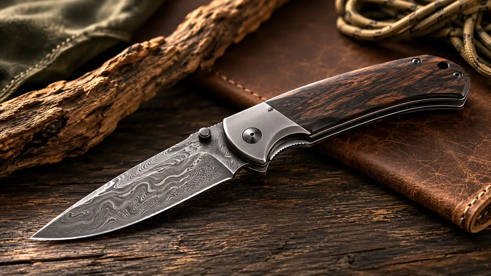 Couteau de poche pliant avec une lame en acier Damas aux motifs ondulés et un manche en bois sombre veiné, posé sur une table en bois rustique à côté d'un étui en cuir.