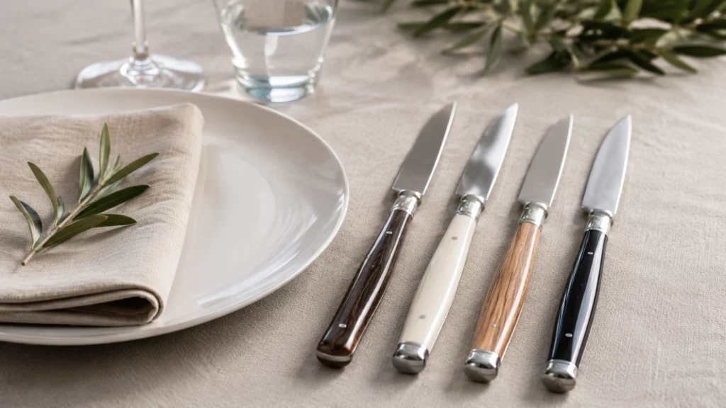 Un ensemble de quatre couteaux de table haut de gamme alignés sur une nappe en lin beige clair. Chaque couteau présente une lame en acier brillant, une mitre en inox et un manche unique aux matières variées : bois sombre veiné, résine ivoire, bois clair de chêne et résine noire brillante. À gauche, une assiette en céramique claire accueille une serviette en lin ornée d'un brin d'olivier frais. En arrière-plan, un verre à eau et des feuilles d'olivier complètent cette ambiance lumineuse.