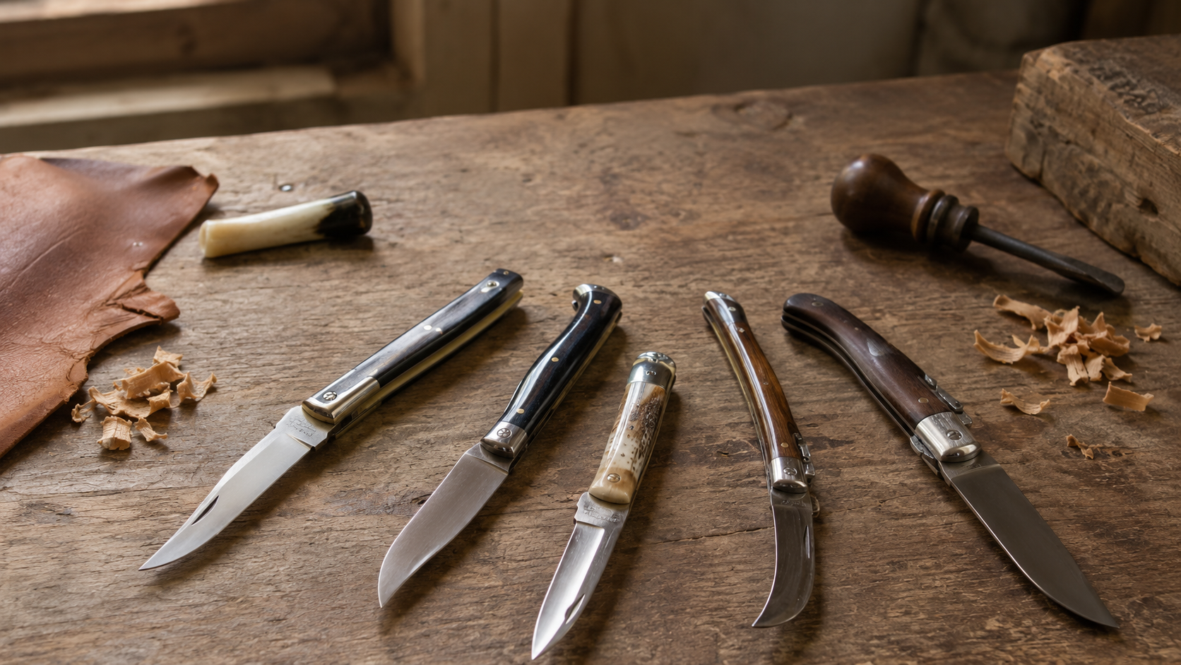 Différents modèles de couteaux de régionaux français entourés de copeaux de bois et outils de coutelier