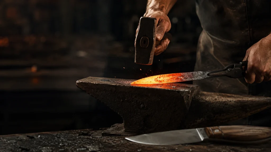 Gros plan sur les mains d'un forgeron travaillant une lame de couteau incandescente rouge orangé sur une enclume à l'aide d'un marteau et de pinces dans un atelier sombre, avec un couteau fini au manche en bois posé au premier plan.
