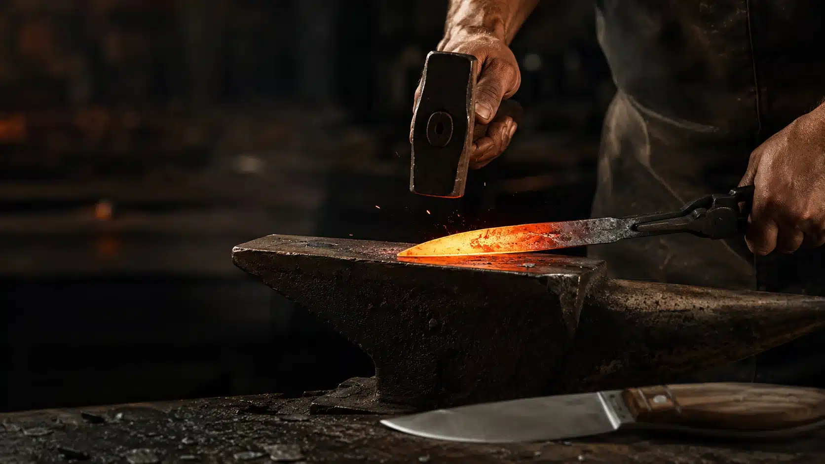 Gros plan sur les mains d'un forgeron travaillant une lame de couteau incandescente rouge orangé sur une enclume à l'aide d'un marteau et de pinces dans un atelier sombre, avec un couteau fini au manche en bois posé au premier plan.