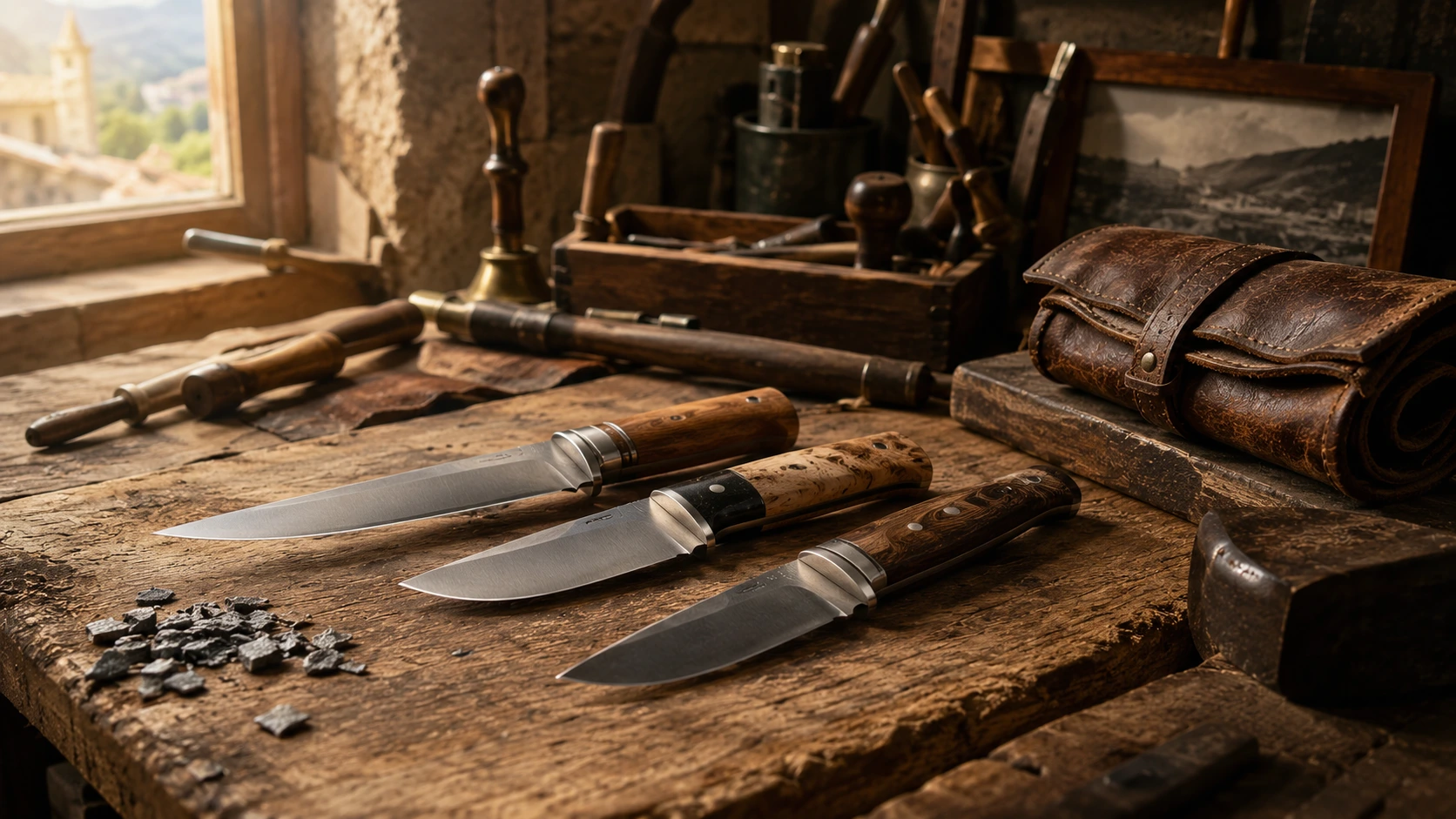 Trois couteaux à lame fixe haut de gamme dotés de manches en essences de bois variées alignés sur un établi d'artisan coutelier en bois brut à côté d'une trousse en cuir vieilli enroulée et d'outils traditionnels devant une fenêtre lumineuse.