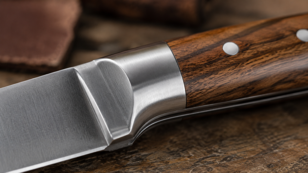 Gros plan sur les finitions d’un couteau artisanal français avec lame, mitre, rivets et manche en bois.